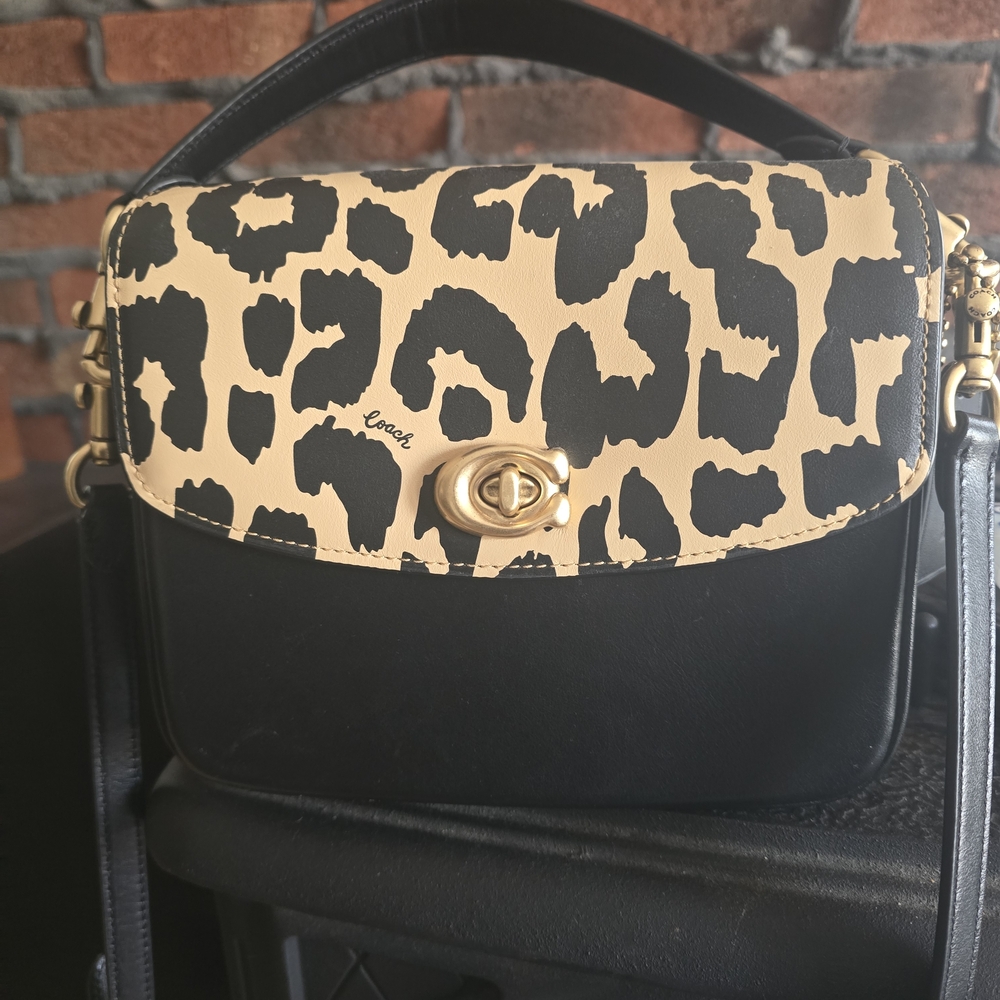 Coach Black Leather Crossbody with Leopard-Print Flap